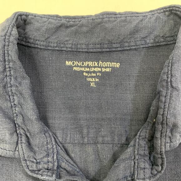 Monoprix Homme Shirt Mens XL Extra Large Navy Linen Regular Fit Long Sleeve - Picture 4 of 8